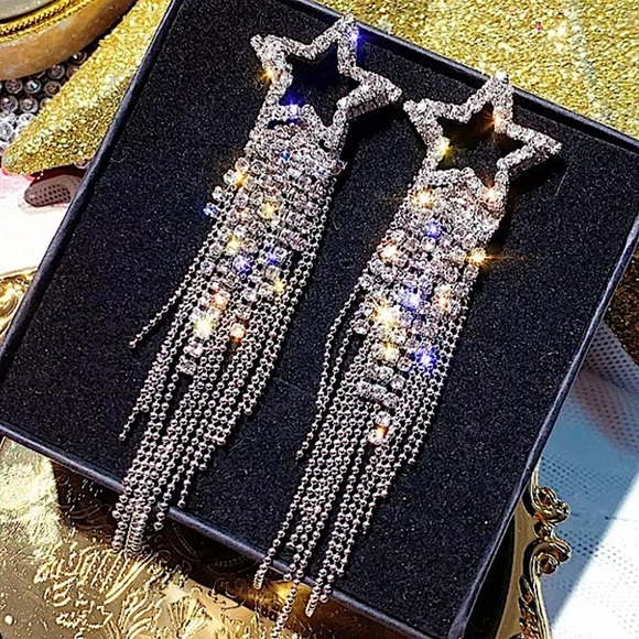 Silver Rhinestone 18k White GP Star Tassel Earrings - Picture 3 of 5